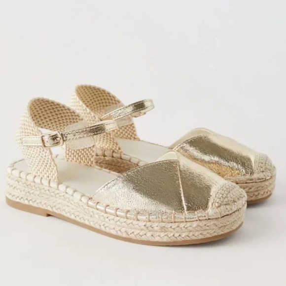 Zara Girls espadrilles sandals metallic crochet jute beige sand round toe boho - Picture 1 of 11